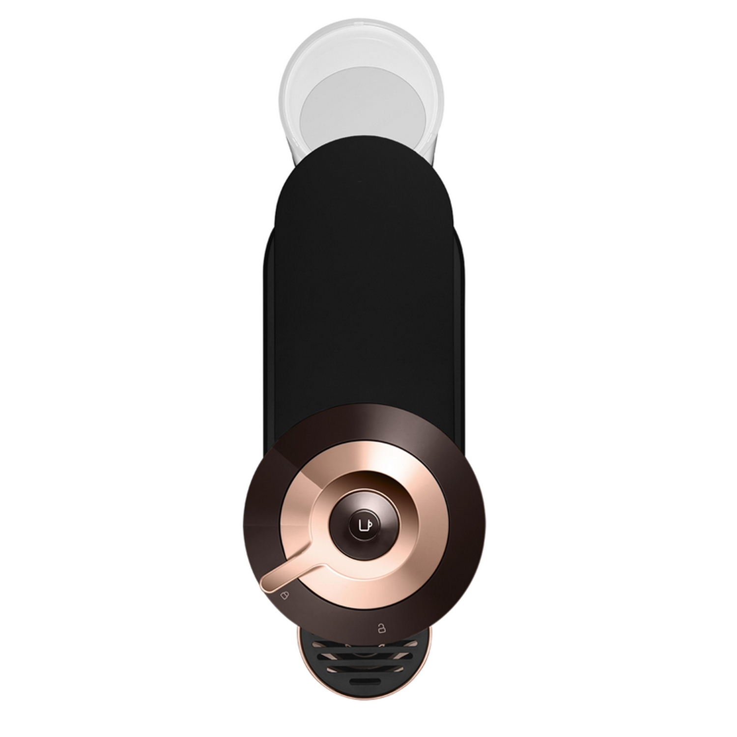 Una cafetera Nespresso negra y oro rosa desde una vista superior sobre un fondo blanco.