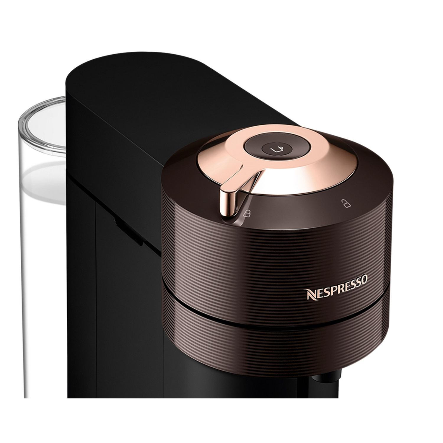 Parte superior de la cafetera Nespresso con diseño oro rosa y negro.