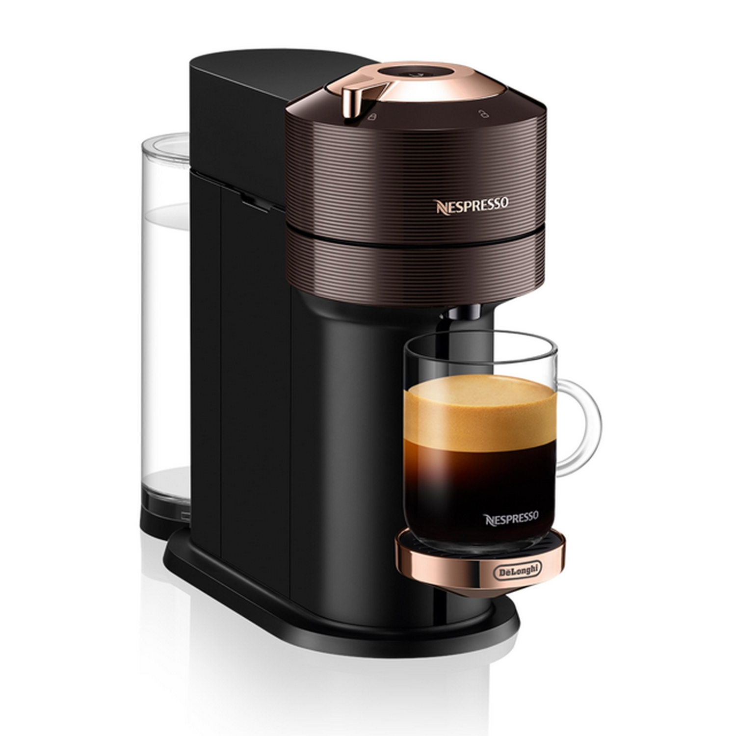 Cafetera Nespresso, negra y cobre, con taza de café de vidrio.