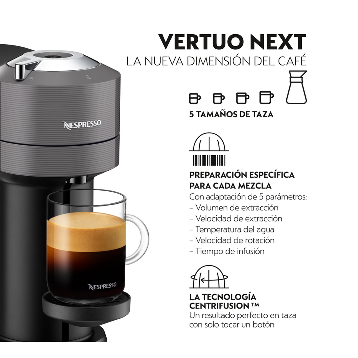 Cafetera Nespresso Vertuo Next con una taza de café. Texto e iconos al lado.
