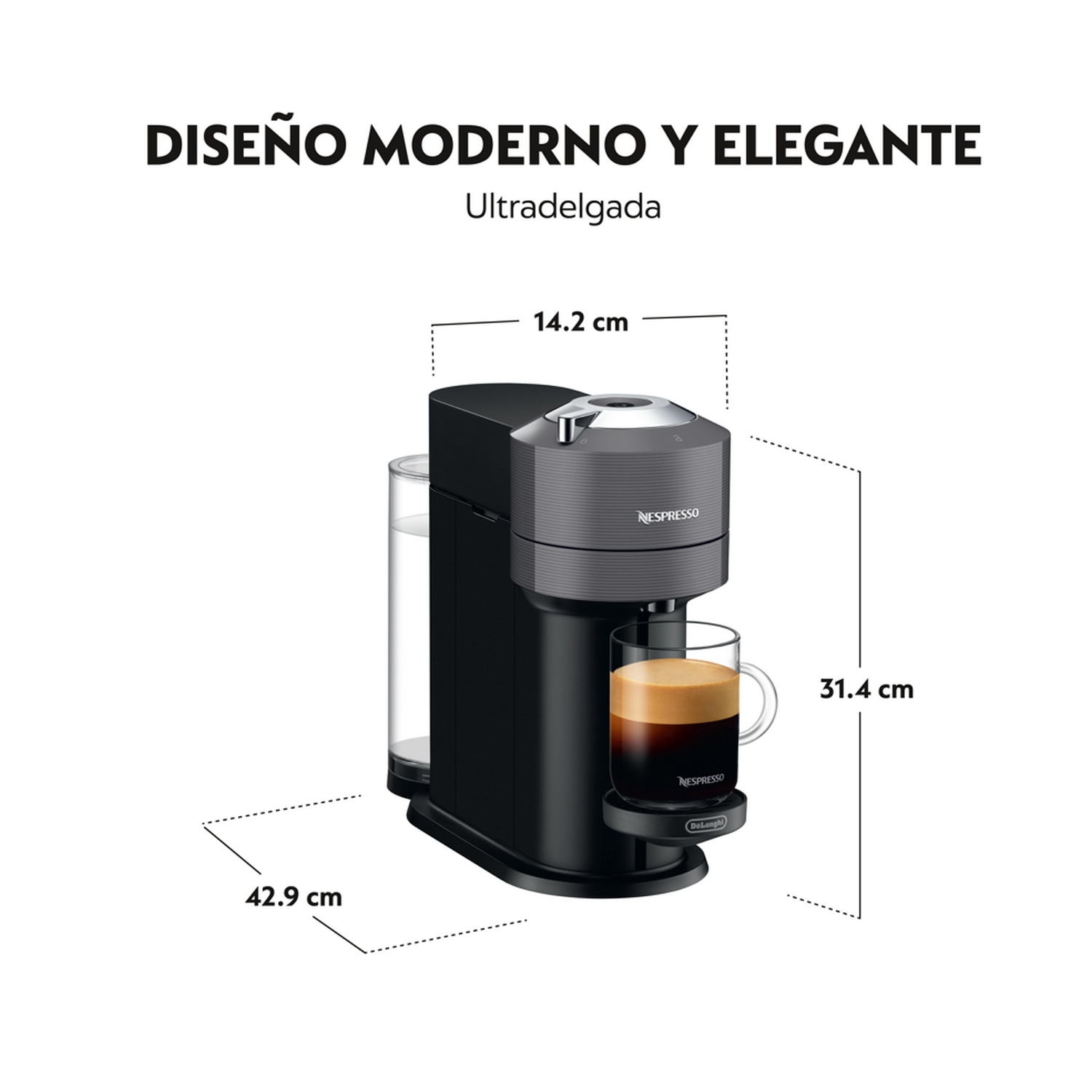 Cafetera Nespresso negra con un vaso de café. El texto dice Diseño Moderno Y Elegante, con dimensiones.