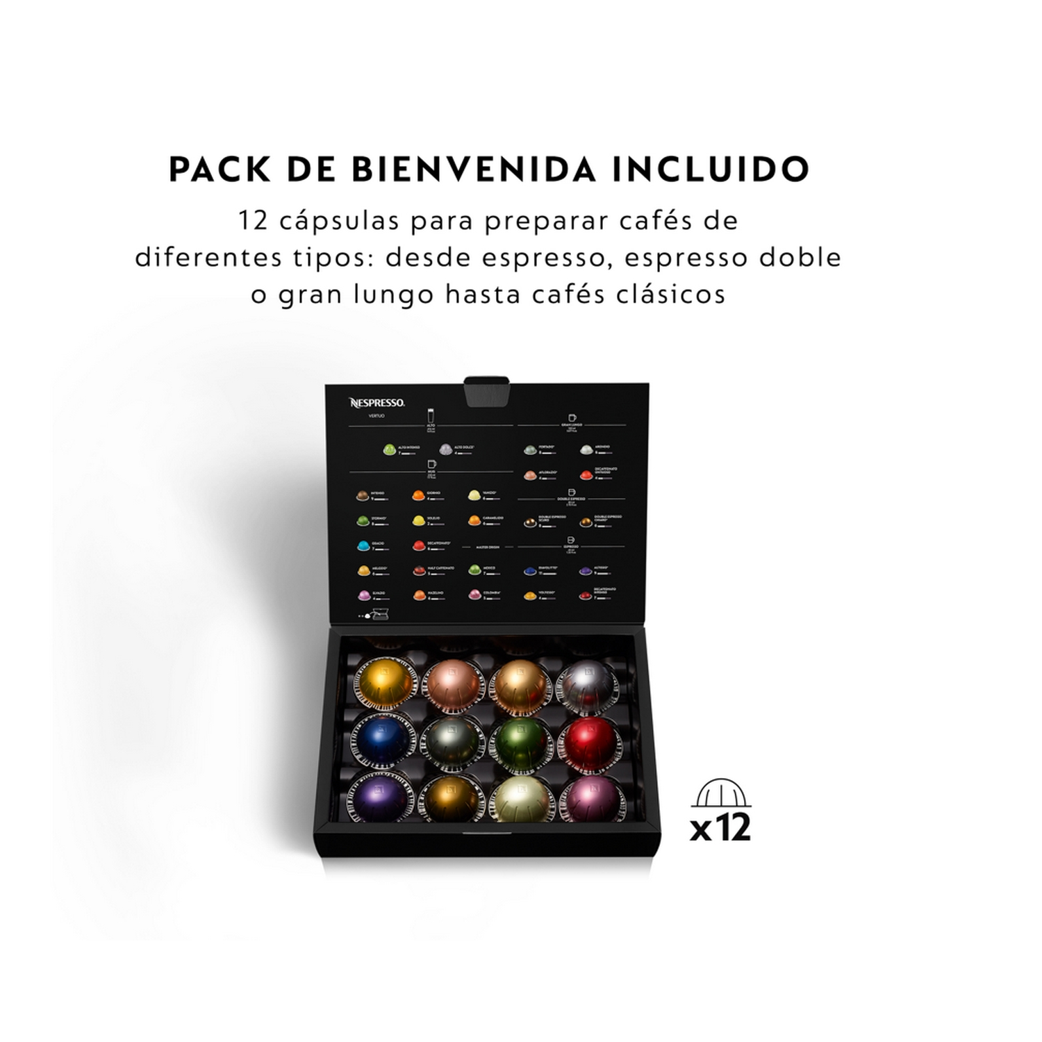 Una caja de cápsulas de café Nespresso. Contiene una variedad de cápsulas en una caja negra.