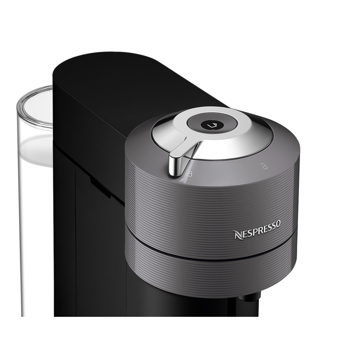 Primer plano de una cafetera Nespresso. Muestra la parte superior con el mecanismo de elaboración y el logotipo.