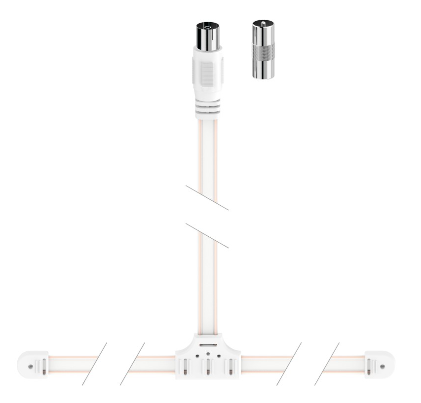 TV antenna, fehér és bézs, csatlakozókkal és kábellel.