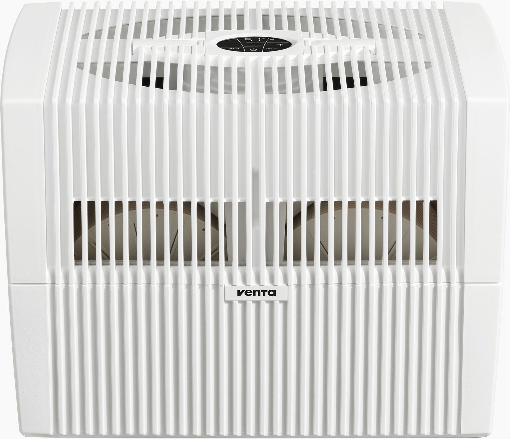 Un purificateur d'air Venta blanc avec des lamelles verticales. Il possède un affichage numérique en haut.