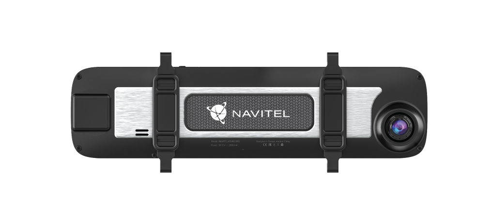Fekete Navitel dashcam fehér háttéren, rögzítőpántokkal.