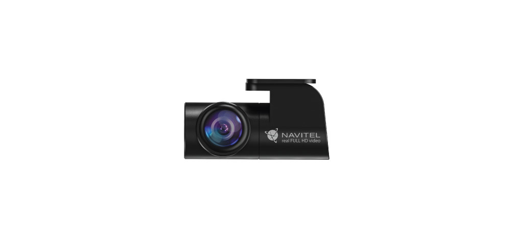 Egy fekete Navitel real full HD videós autós kamera. Fehér háttéren van.