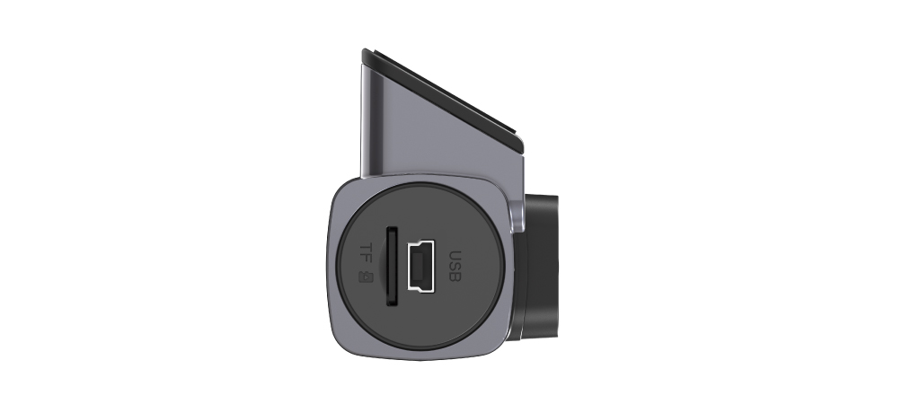 Szürke dashcam oldalsó nézete USB és TF portokkal. Fehér háttér.