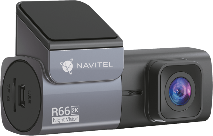 Fekete-szürke műszerfal kamera lencsével és képernyővel. A Navitel logója látható.