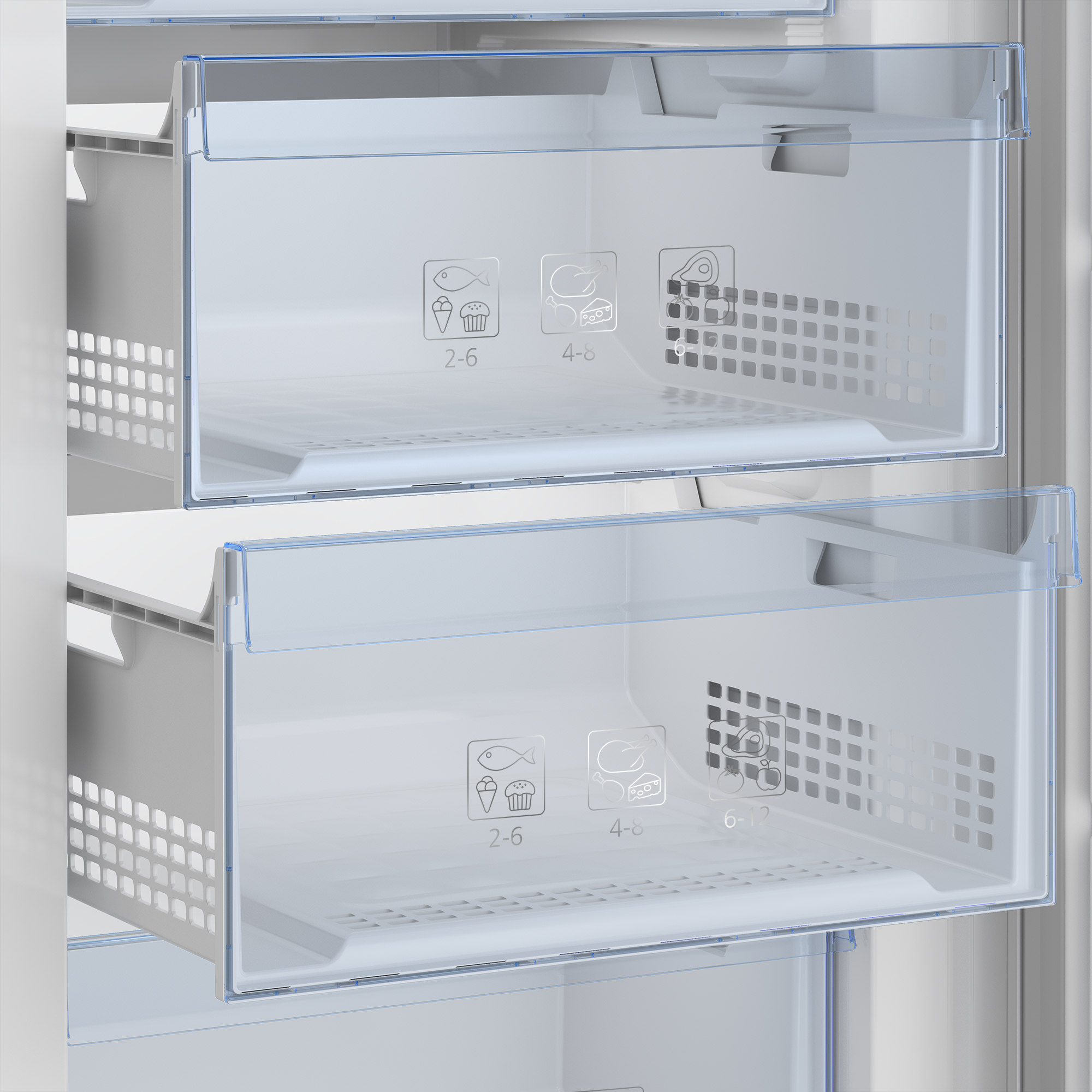 Kühlschrank Schubladen. Transparent, mit Symbolen für die Lebensmittellagerung.
