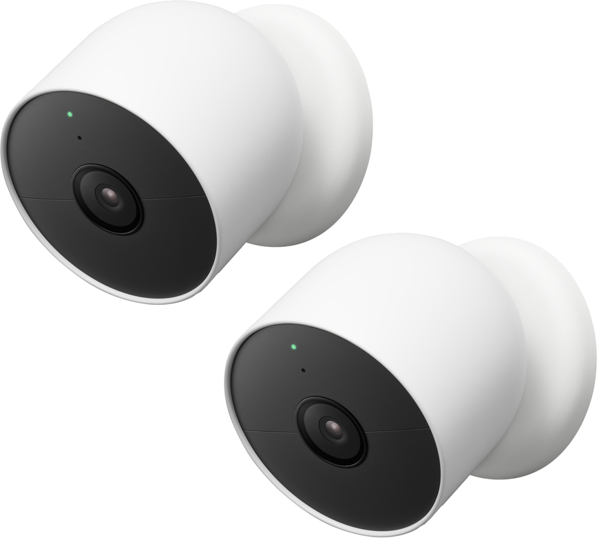 Twee witte Google Nest beveiligingscamera's met zwarte lenzen.