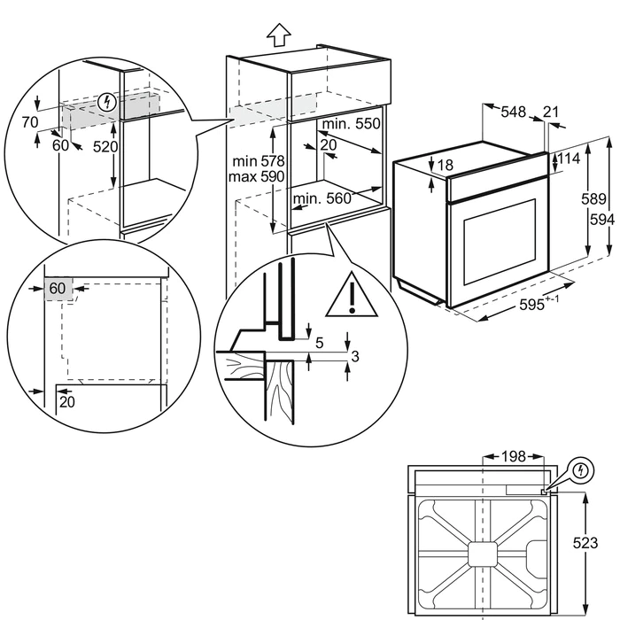 Beépített sütő diagramja méretadatokkal és az alkatrészek közelképeivel.