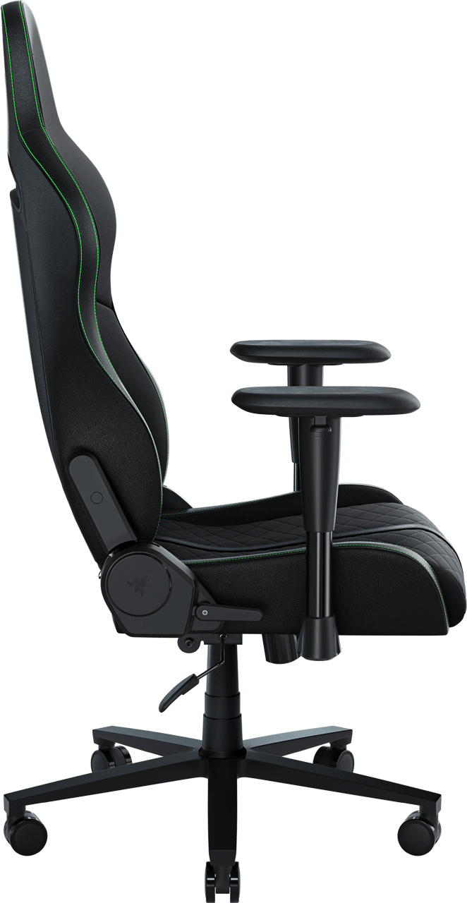 Fekete gamer szék zöld varrással, karfákkal és kerekekkel. Oldalnézet.