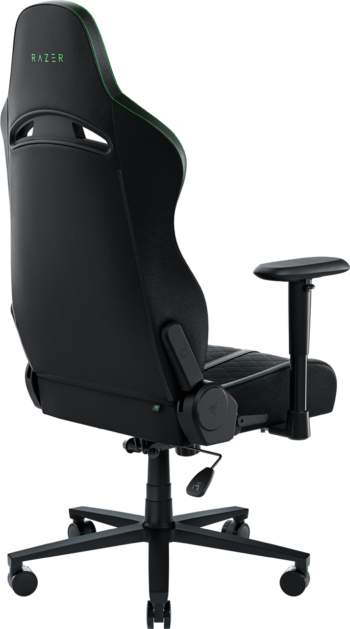 Fekete Razer gamer szék, oldalról és hátulról nézve.