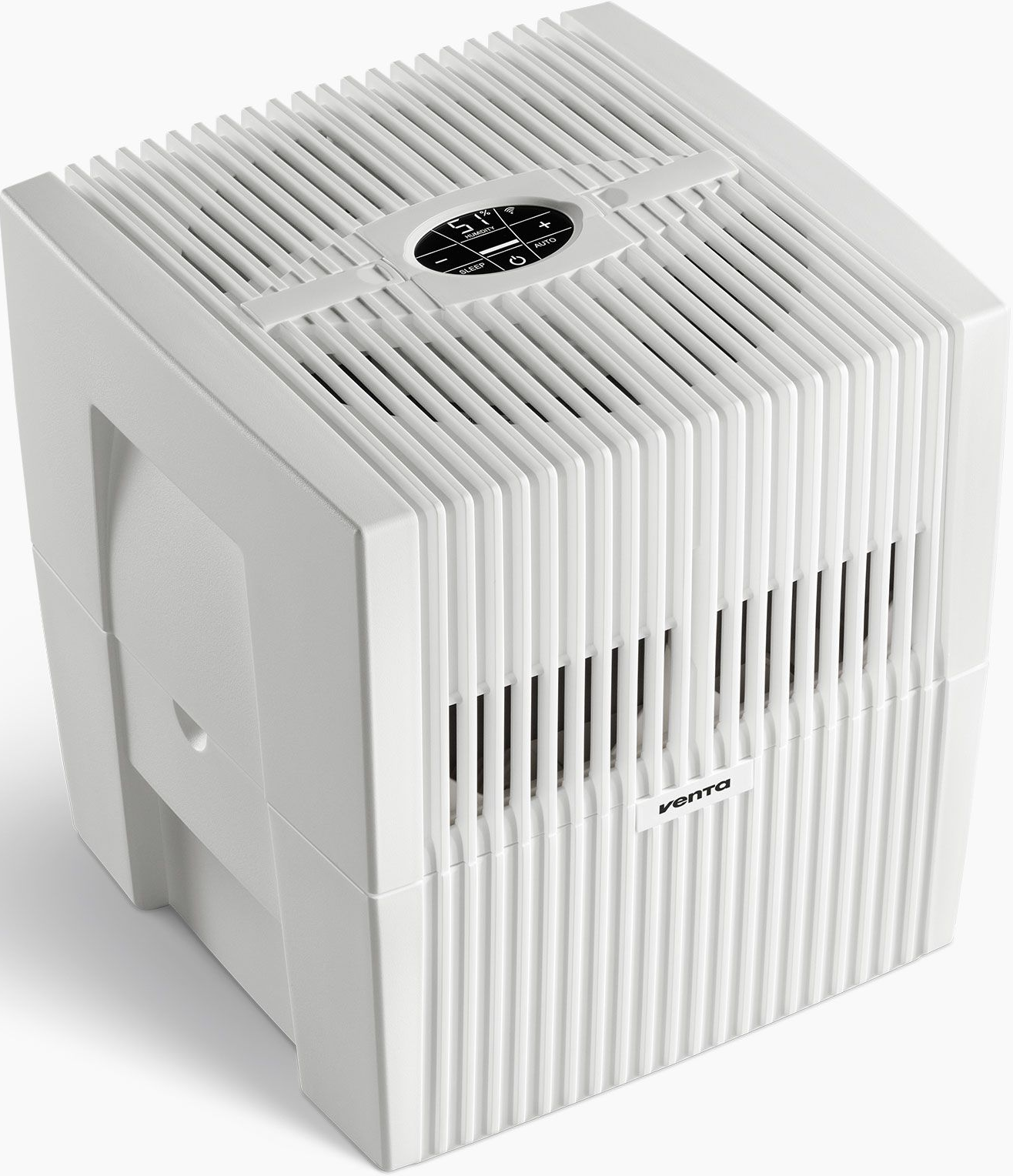 Un purificatore d'aria bianco e rettangolare con display digitale e lamelle verticali. È su sfondo bianco.