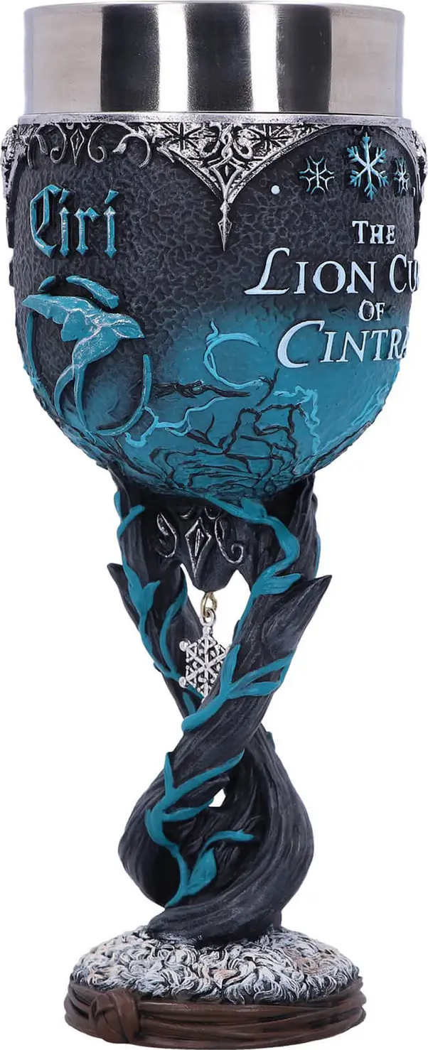 Calice décoratif avec un design bleu et noir et des accents argentés, avec texte.