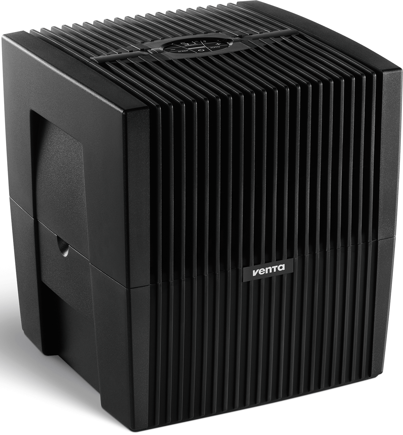 Purificatore d'aria Venta nero. Forma rettangolare con linee verticali e logo Venta sulla parte anteriore.