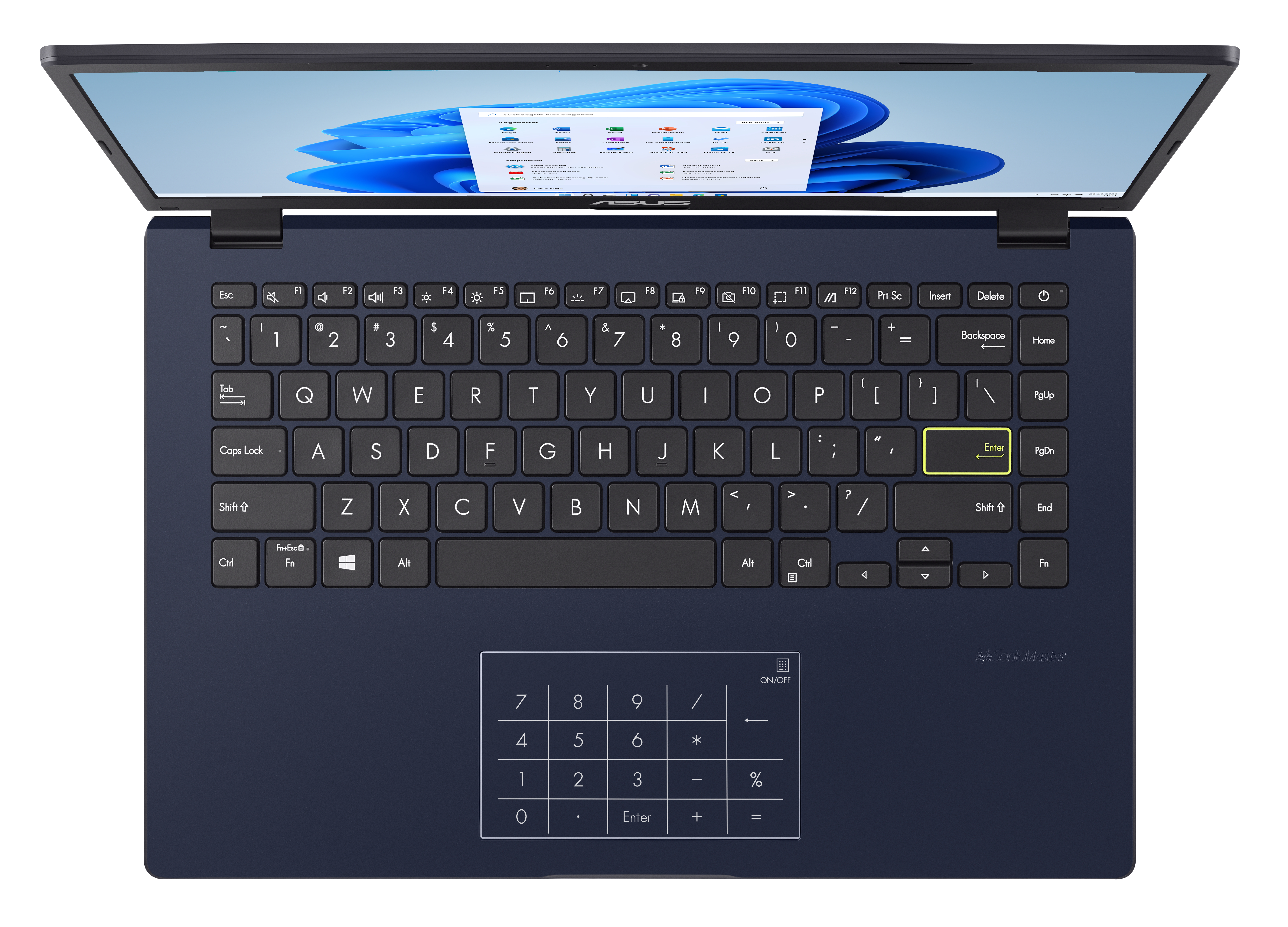 Laptop, geöffnet, Draufsicht. Tastatur sichtbar. Bildschirm zeigt Dokument und Diagramm.