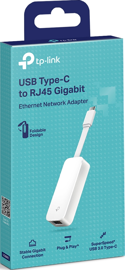Adattatore di rete Ethernet Gigabit USB Type-C a RJ45 in una scatola. Adattatore bianco, scatola blu.