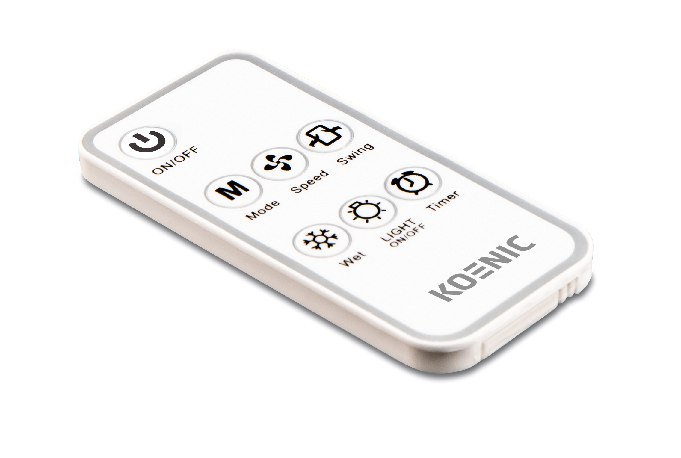 Weiße Fernbedienung mit Tasten für Ein/Aus, Modus, Geschwindigkeit, Schwenken, Timer, Licht und Nass.