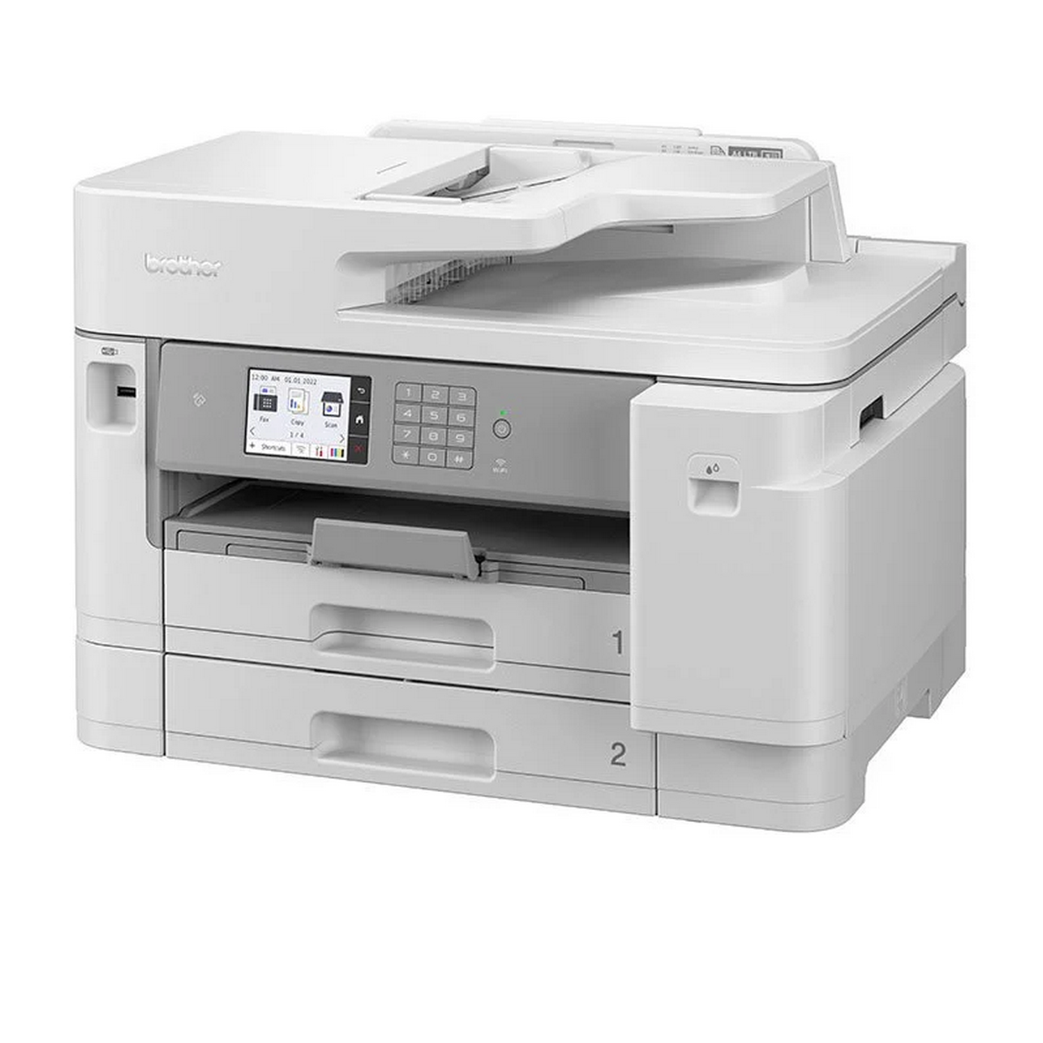 Impresora Brother blanca. Tiene un panel de control, dos bandejas de papel y un escáner en la parte superior.