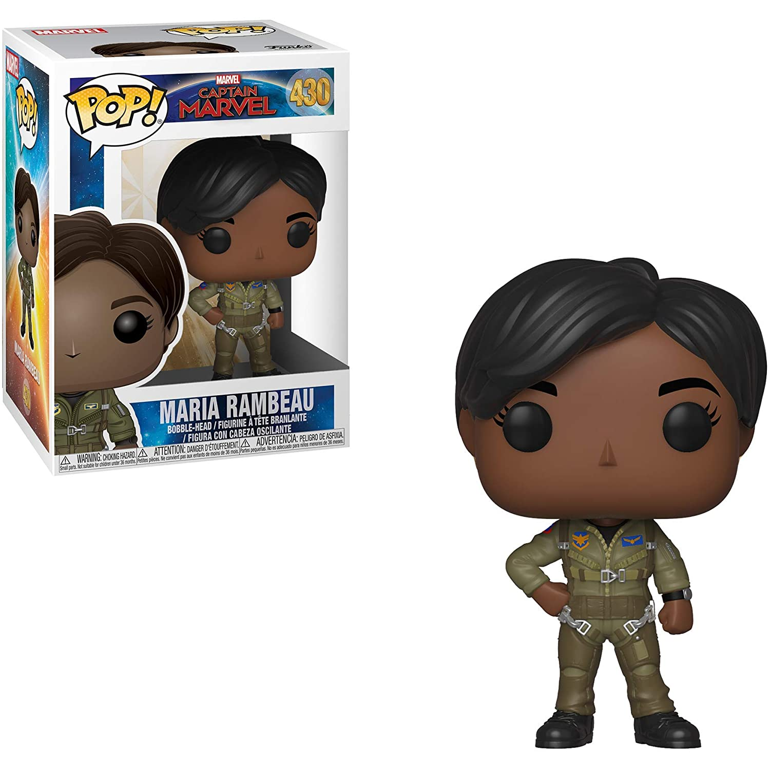 Figura Funko Pop de Maria Rambeau con un mono verde, con una caja que muestra su imagen.