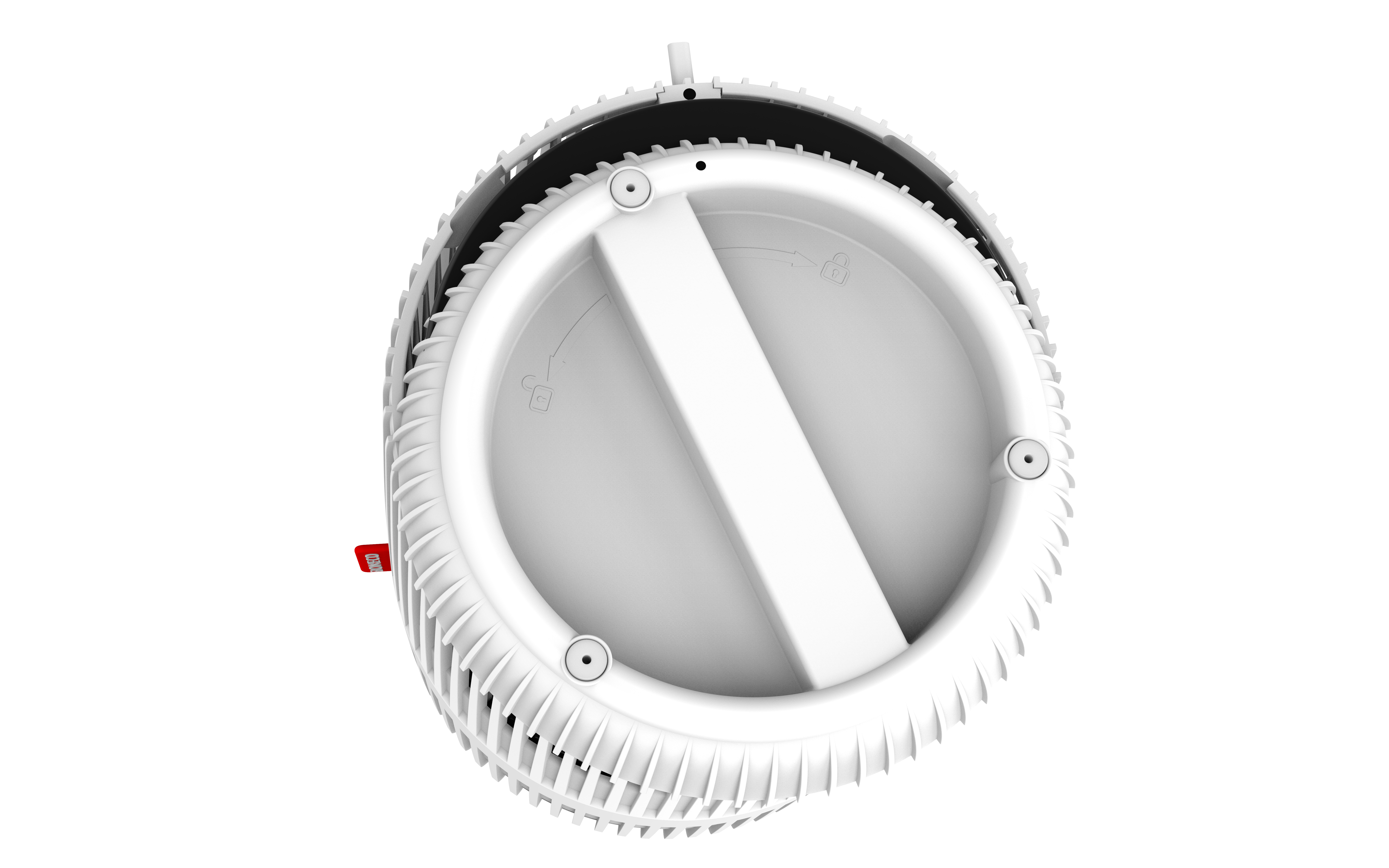 Weißer Ventilator mit Griff, mit roter Zuglasche.