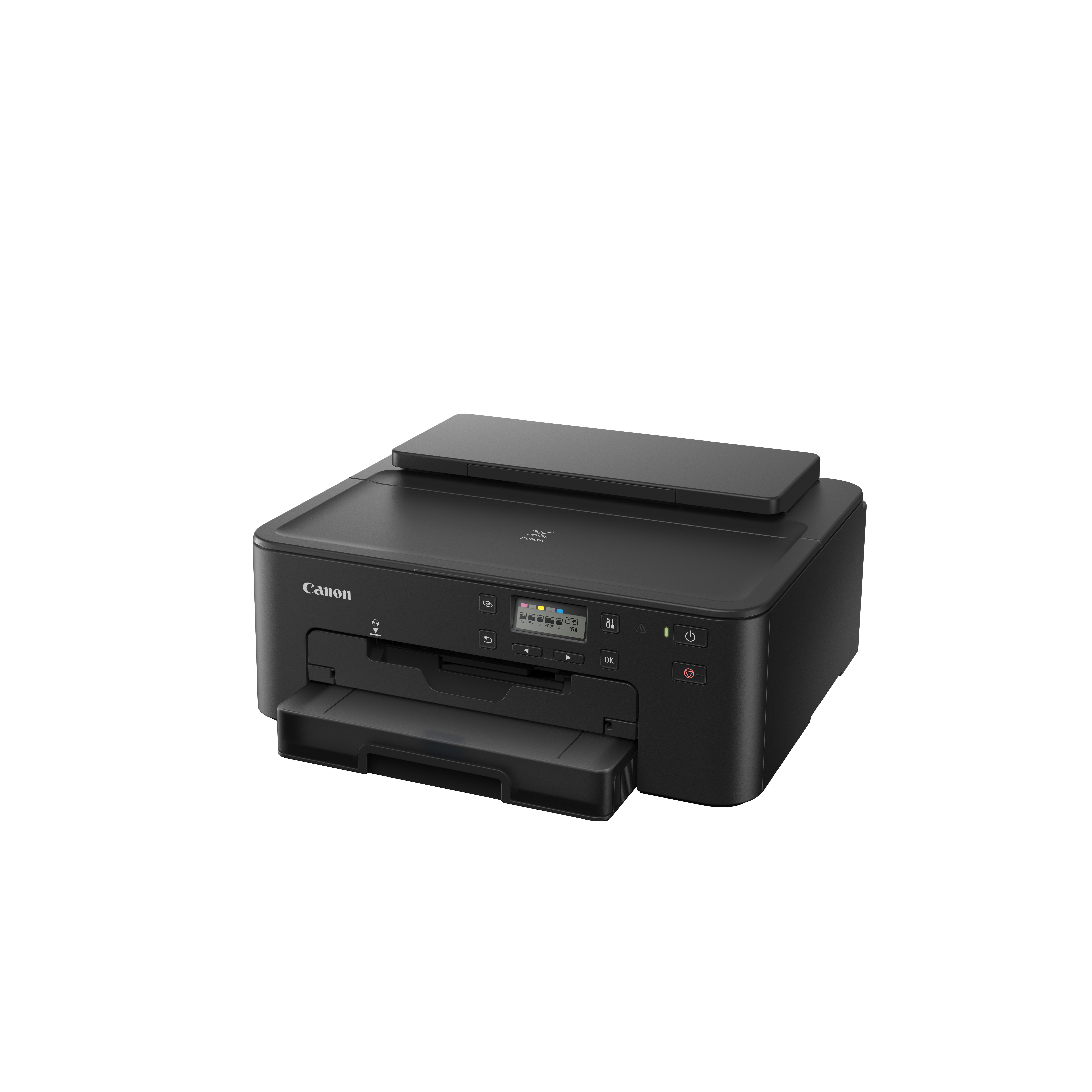 Ein schwarzer Canon-Drucker mit ausgezogenem Papierfach, geöffneter oberer Abdeckung.