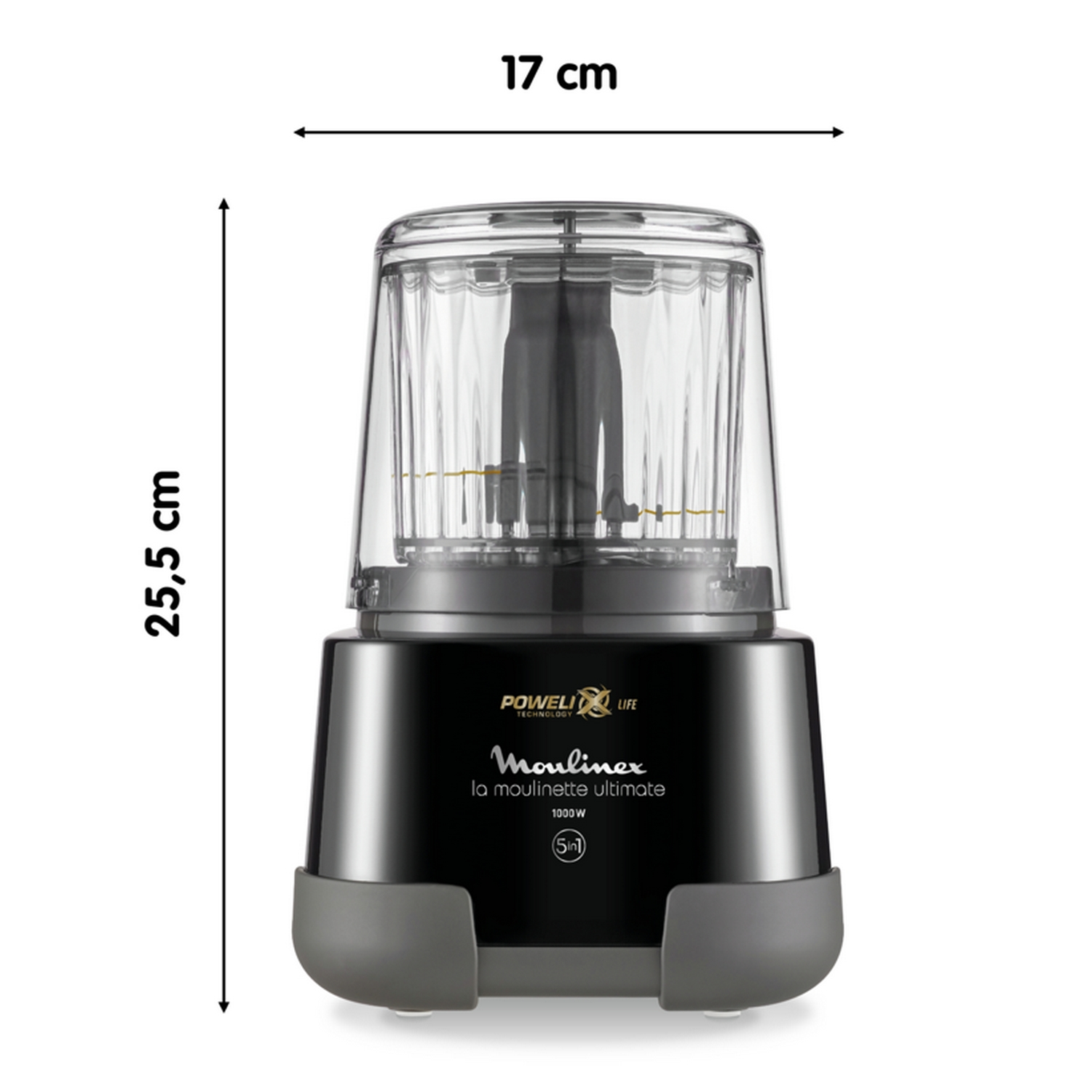 Procesador de alimentos negro y gris con dimensiones en cm: 17cm ancho y 25,5cm alto.