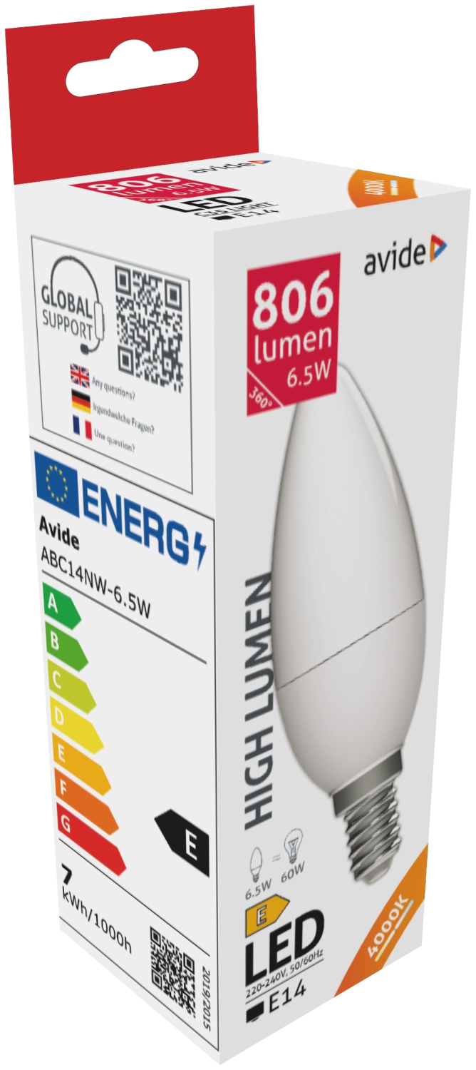 Egy fehér izzó egy dobozon, energia címkével. A doboz a márkát, az energia besorolást és a fényerősség részleteit mutatja.