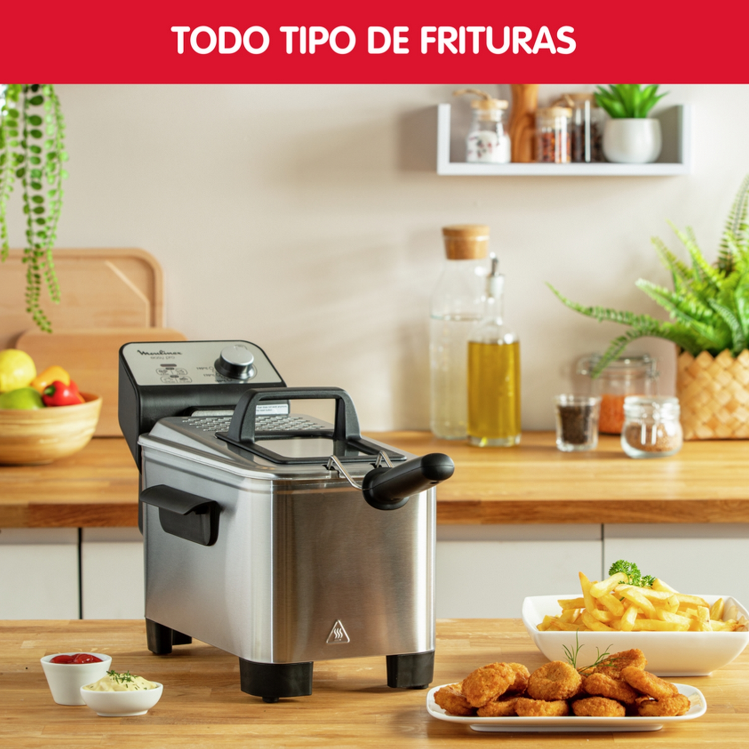 Freidora con papas fritas y nuggets en una mesa de madera. Texto arriba.