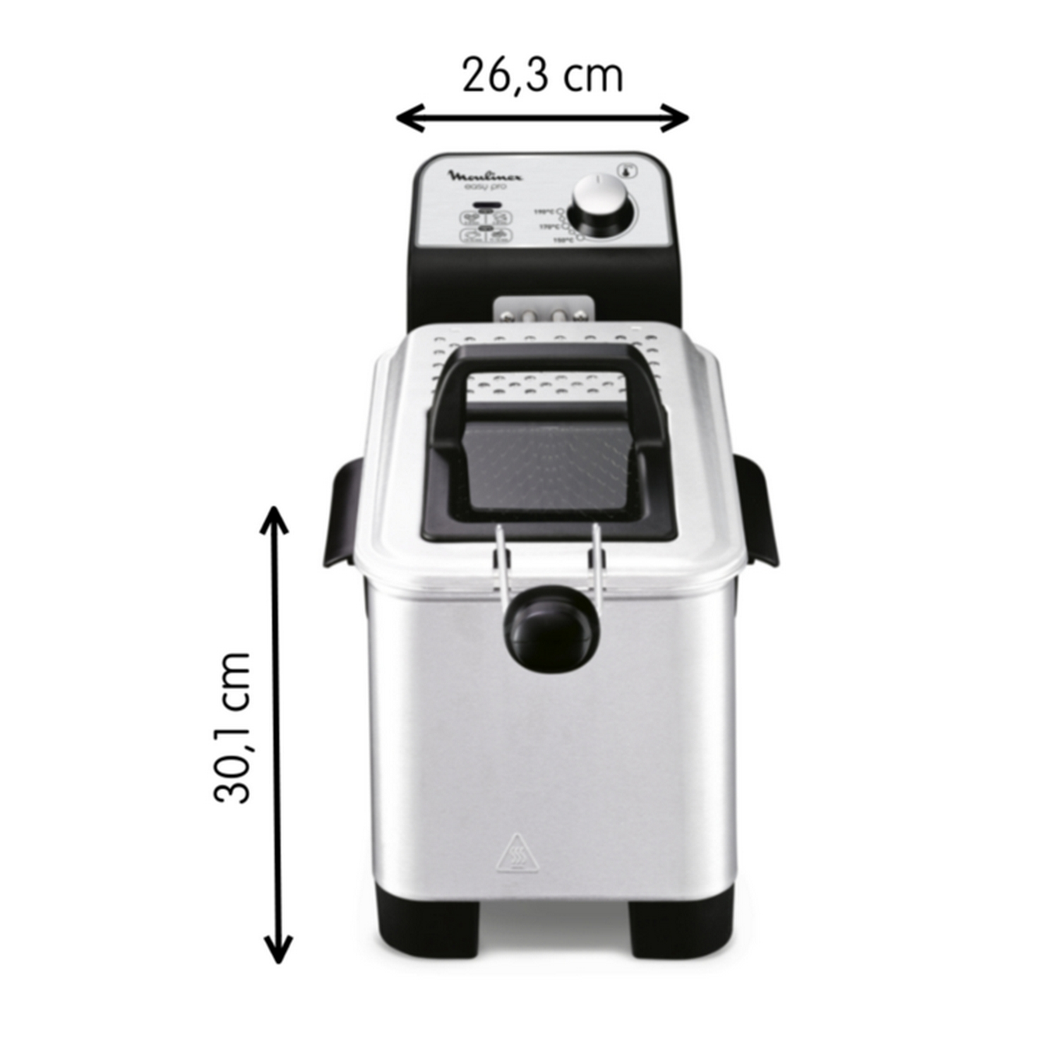 Freidora Moulinex Easy Pro. Es plateada y negra, con dimensiones etiquetadas.