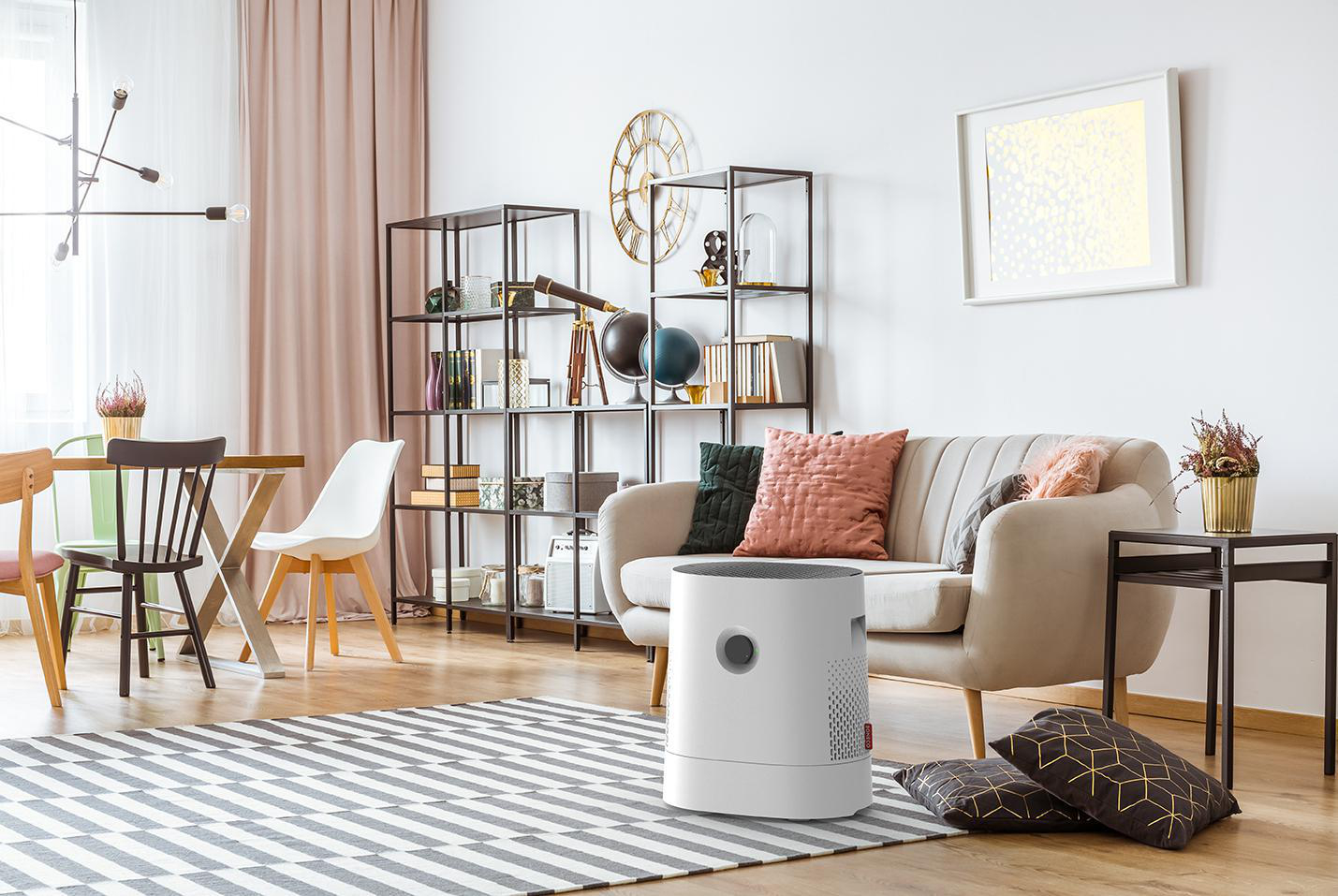 Ein Wohnzimmer mit Sofa, Teppich und Luftreiniger. Ein Tisch, Regale, Kunst und Dekoration sind ebenfalls vorhanden.