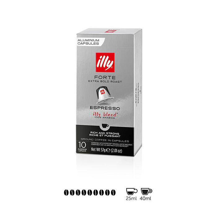 Une boîte de capsules de café espresso Illy sur fond blanc. Le nom de la marque est visible.