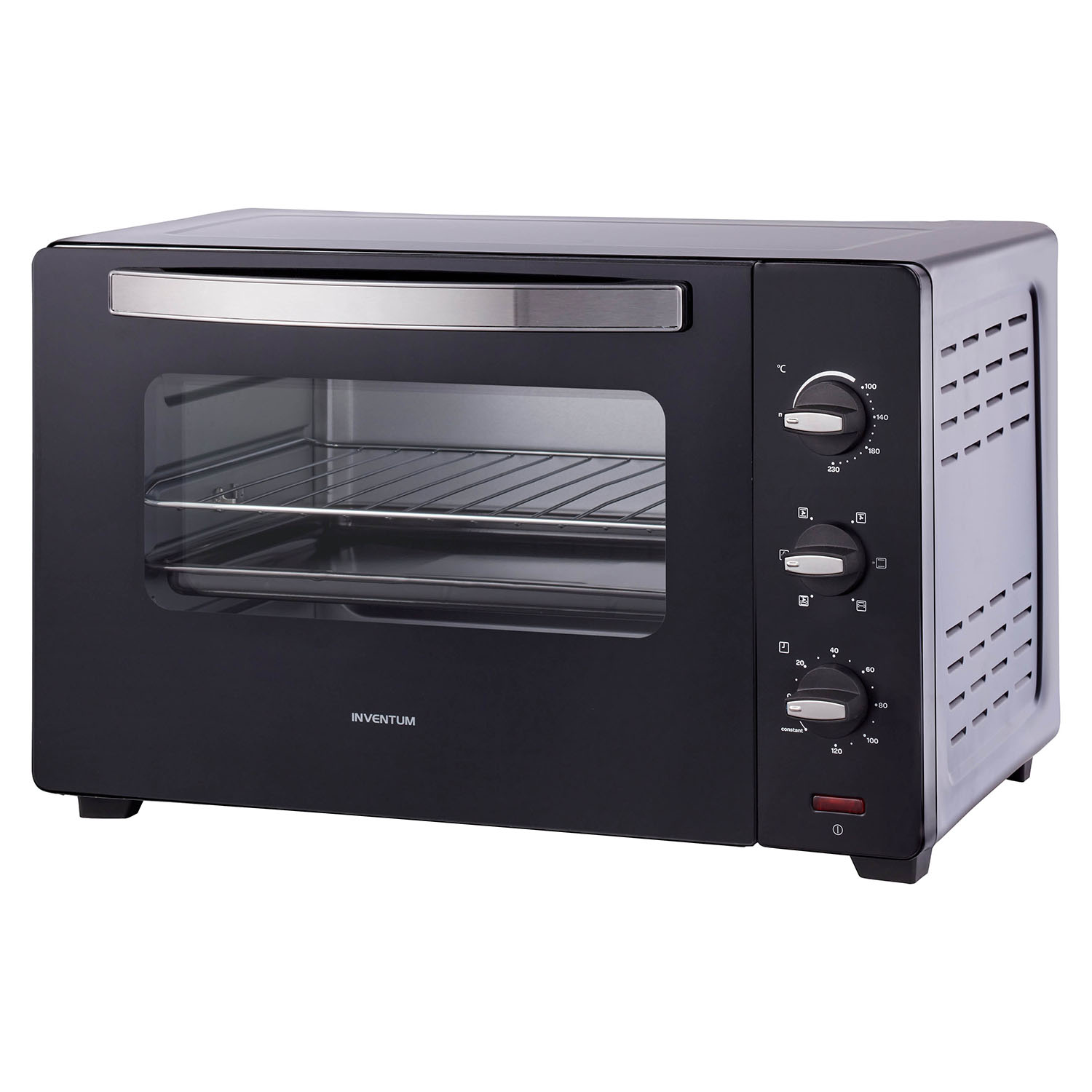 Black oven with silver handle and dials. The oven has a glass door and a tray inside.