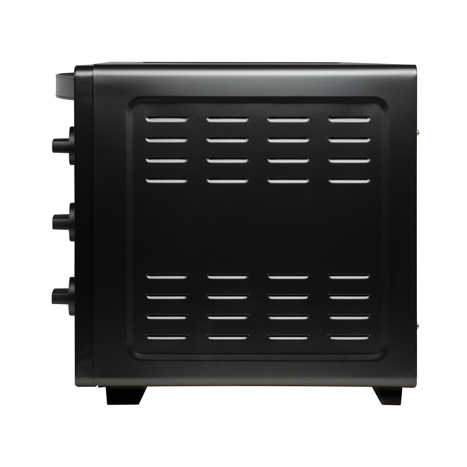 Black oven with handles and vents. Side view, isolated on white background.