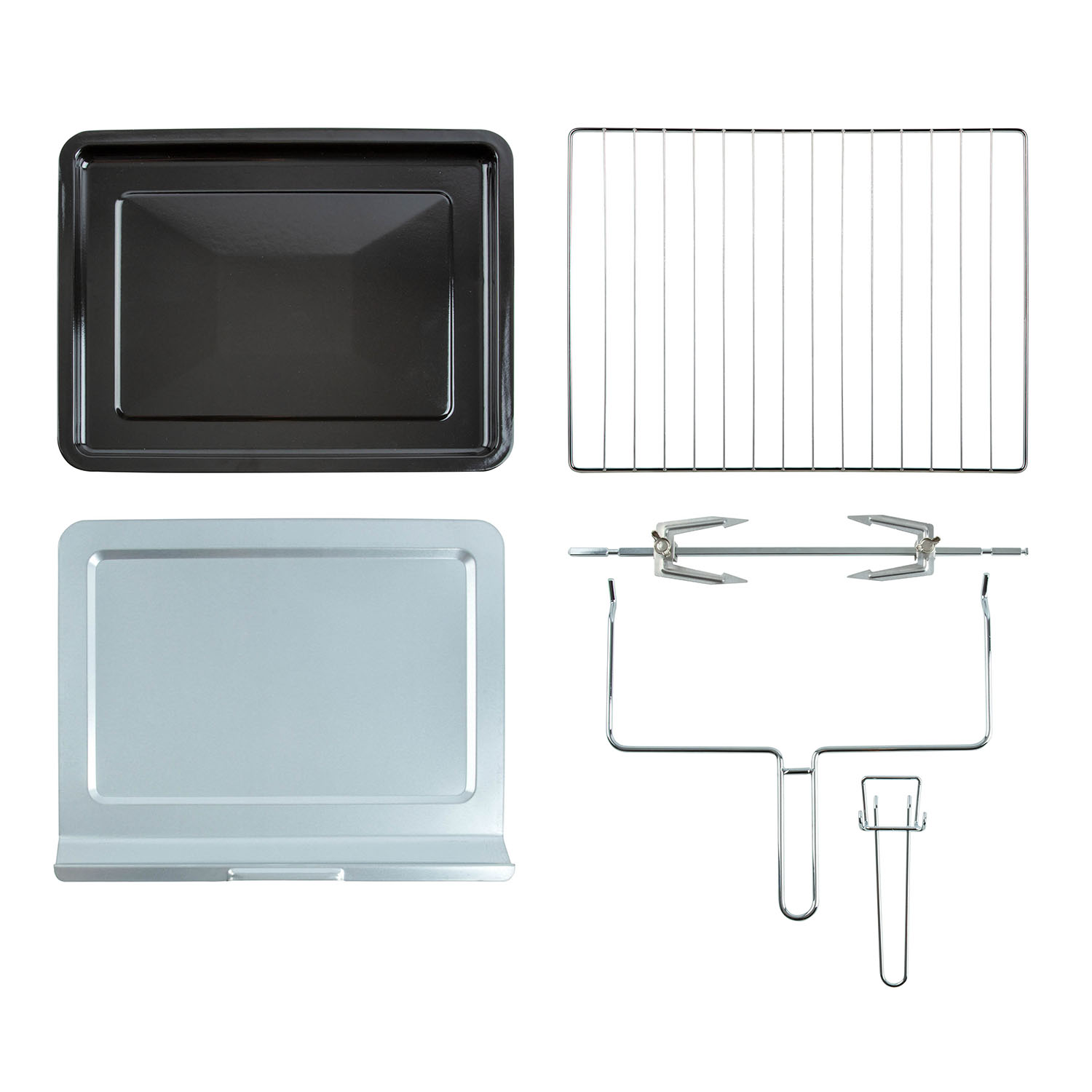 Components for an oven: a black tray, a wire rack, a silver tray, and a rotisserie.