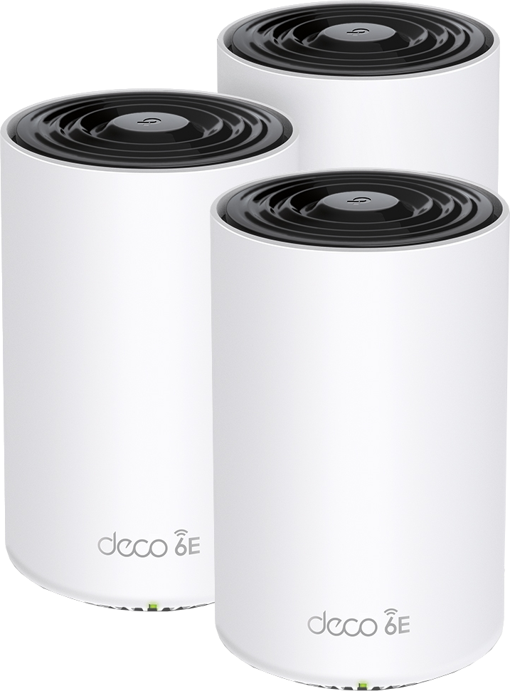 Three white Deco 6E mesh WiFi devices. They are cylindrical with black tops.