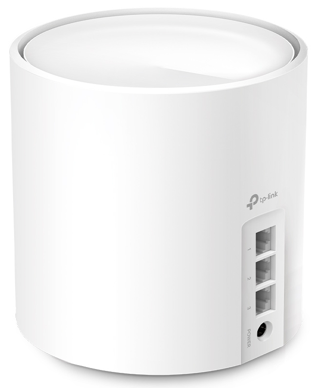 White cylindrical router with three ports and a power connector.