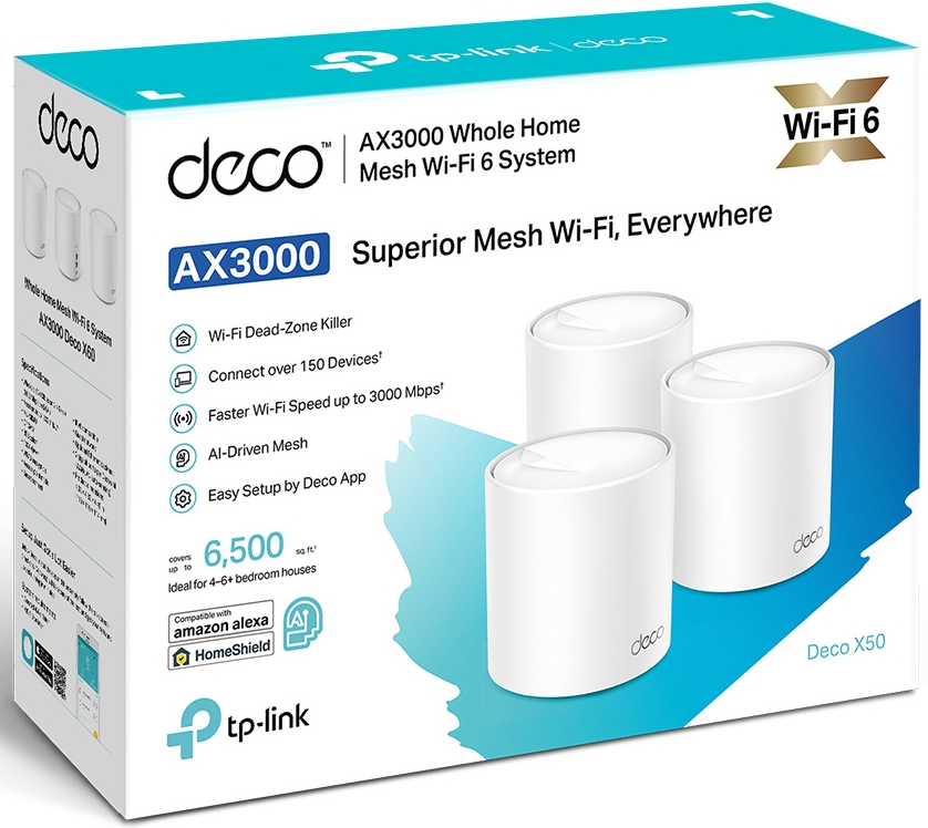 Deco Wi-Fi 6 system box. White box with three white Deco devices inside.