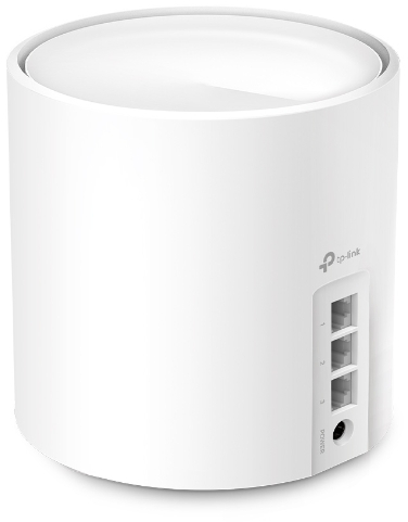White cylindrical router with three ethernet ports and a power port on the back.