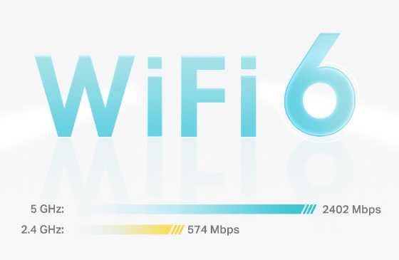 Graphic of WiFi 6 with 5 GHz and 2.4 GHz speeds, showing bandwidth bars and the text 'WiFi 6'.