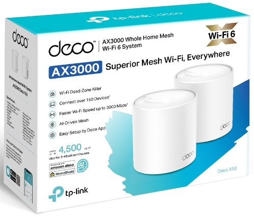 TP-Link Deco AX3000 Wi-Fi 6 system box, with two white cylindrical units.