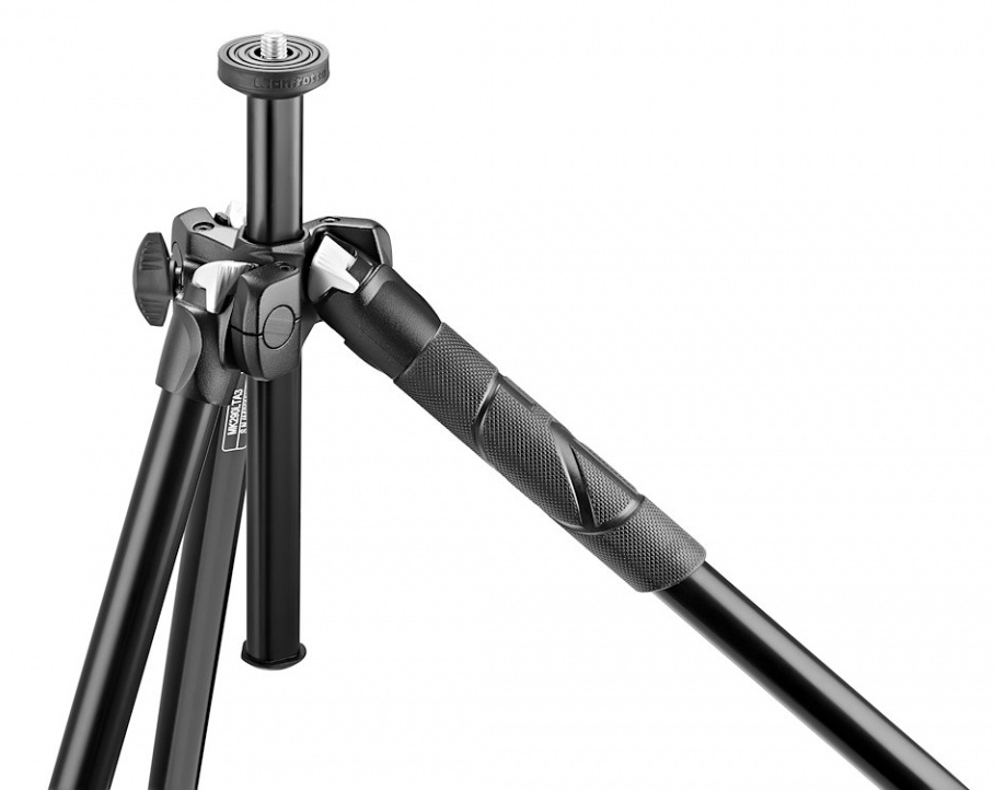 Black tripod with a handle, legs extended on a white background.