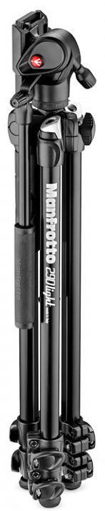 Black tripod. Three legs, with Manfrotto label. Adjustable height, with a head.