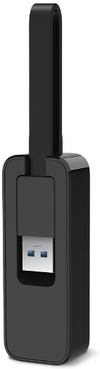 A black USB adapter with a loop. The background is white.