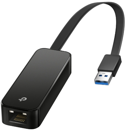 Black USB to Ethernet adapter with a black cable and a USB connector.