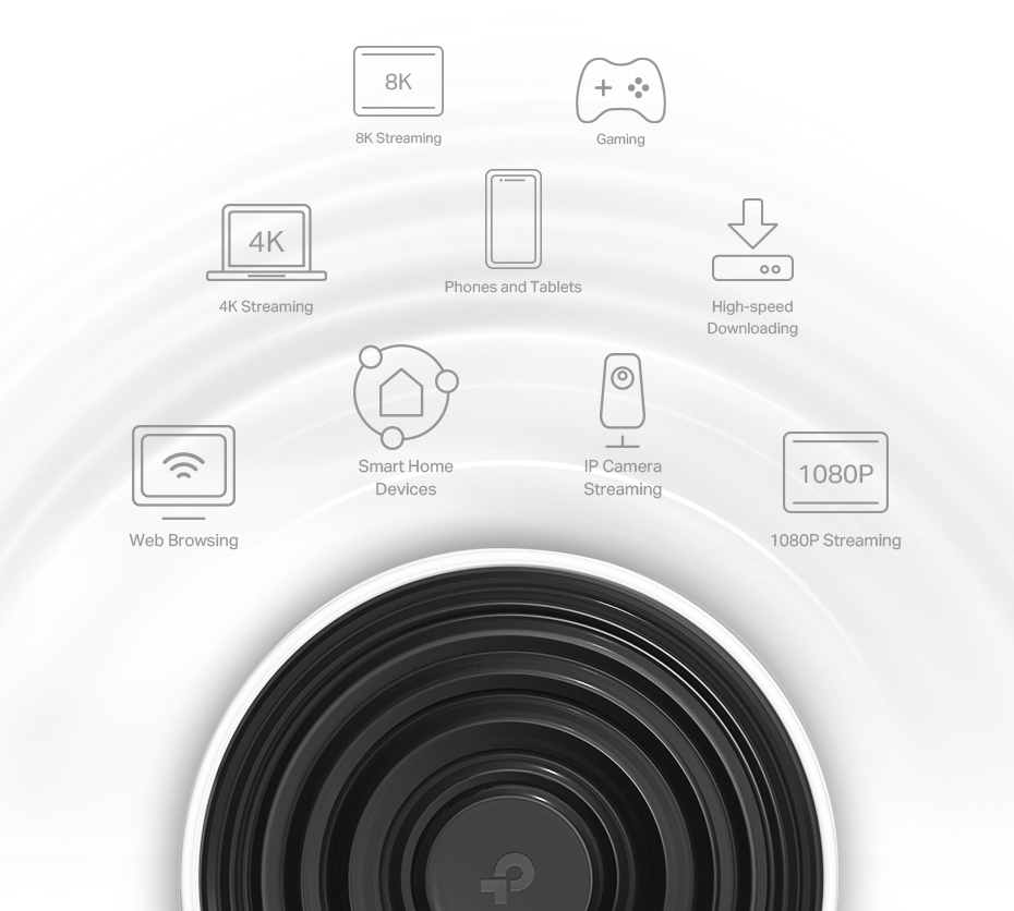 A diagram shows icons for 8K, 4K, phones, gaming, high-speed downloading, home devices, and streaming.
