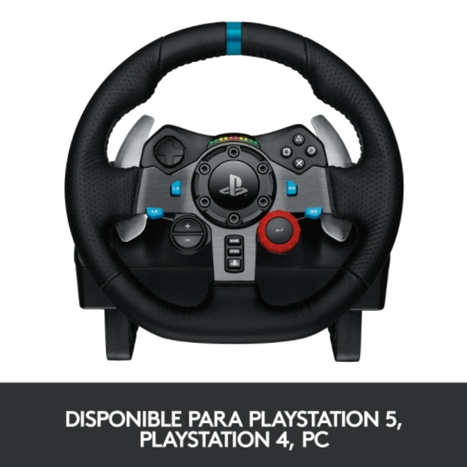 Volante negro para juegos. Botones azules y rojos visibles.