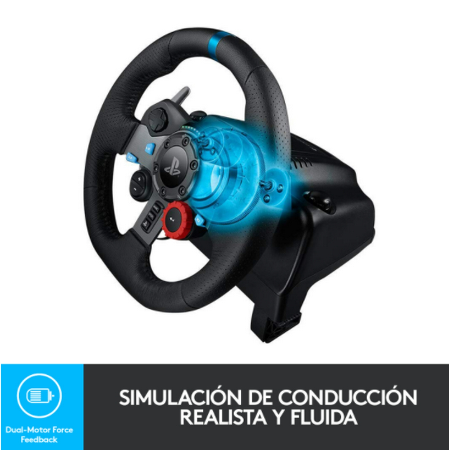 Volante de juego negro con detalles azules y un botón rojo. Fondo blanco.